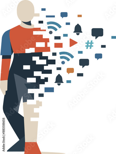 Image Generation. Abstract geometric human figure partially dissolves into repeating signal shapes becoming indistinct pattern