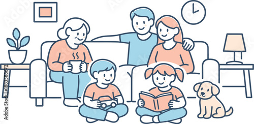 Cozy Family Evening. Family gathers in the living room sharing a warm cozy evening moment Minimalist flat line vector illustration