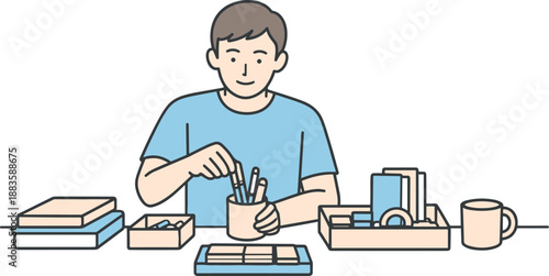 Organized Workspace Minimalism. Man sits at a desk sorting office supplies and organizing his workspace quietly Minimalist flat