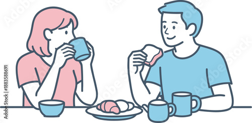 Morning Breakfast Bliss. A couple sits at a table having breakfast together, sharing a calm morning moment, minimalist flat line
