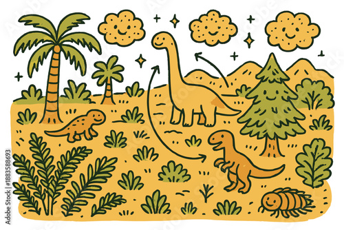 Smiling Prehistoric Doodle. Joyful doodle prehistoric landscape reconstruction with happy trees, cartoon animals with faces,