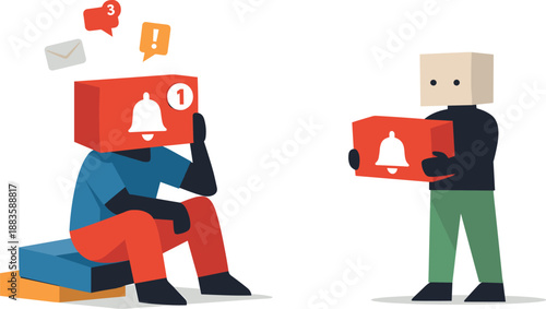 Image Generation. Second abstract geometric human figure appears nearby holding one removed notification block as early attempt to