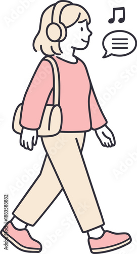 Calm Headphone Walk. Woman walks slowly wearing headphones while listening to a podcast calmly Minimalist flat line vector