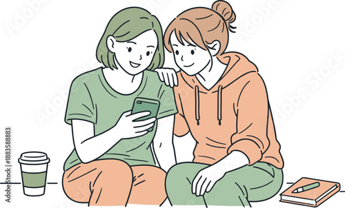 Friendly Phone Browsing. Close friends looking at something on a phone together, seated side by side with casual posture and