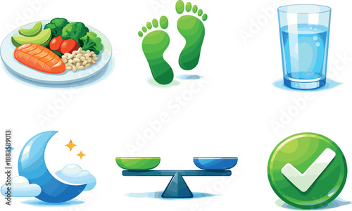 Balanced Lifestyle Symbols. Balanced lifestyle foundation scene illustrating healthy living habits, six symbolic objects arranged