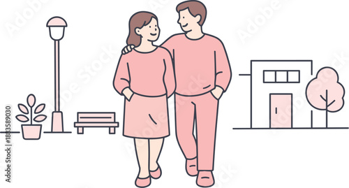 Peaceful Street Stroll. Couple strolls slowly down a quiet street enjoying peaceful conversation Minimalist flat line vector