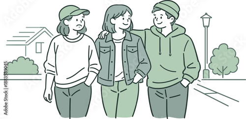 Peaceful Neighborhood Stroll. Close friends taking a calm walk around their neighborhood, easy pace and gentle gestures suggesting