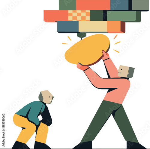 Image Generation. Second abstract geometric figure appears holding single irregular shape while structured blocks remain overhead