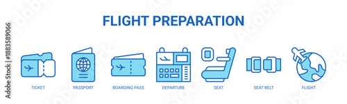 Flight Preparation web banner icon vector illustration concept for pre-flight passenger process with icon of ticket, passport, boarding pass, departure, seat, seat belt, flight.