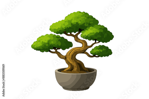 Serene Bonsai Display. Isolated bonsai tree resting on a clean surface under vector illustration soft light, vibrant green foliage