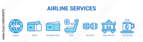 Airline Services web banner icon vector illustration concept for airline passenger services with icon of airline, ticket, boarding pass, seat, seat belt, food trolley, coffee mug.