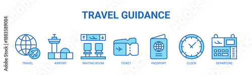 Travel Guidance web banner icon vector illustration concept for airport travel guidance with icon of travel, airport, waiting room, ticket, passport, clock, departure.