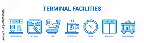 Terminal Facilities web banner icon vector illustration concept for airport terminal facilities with icon of waiting room, window, seat, coffee mug, clock, elevator, food trolley.