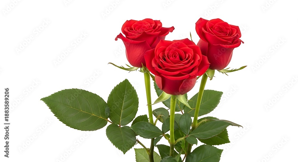 Fototapeta premium Cluster of Three Fresh Deep Red Roses with Glossy Green Leaves on White Background