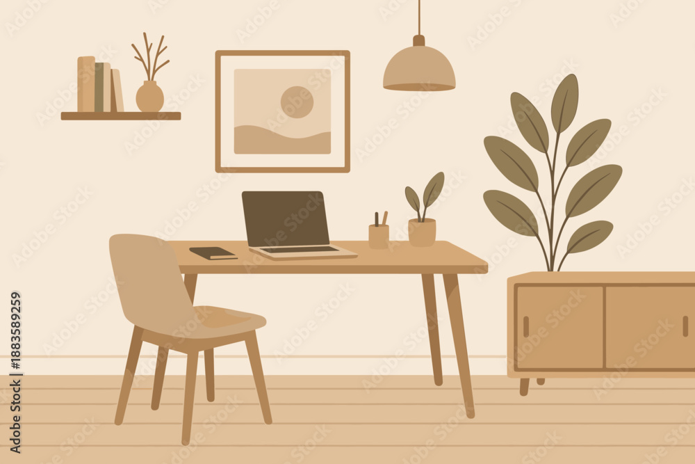 Fototapeta premium Scandinavian Home Office. Scandinavian-style home office with clean wooden vector illustration furniture, soft lighting, and