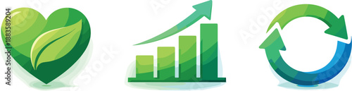Sustainable Growth Icons. Eco-conscious growth illustrated as modern development system, three symbolic icons arranged
