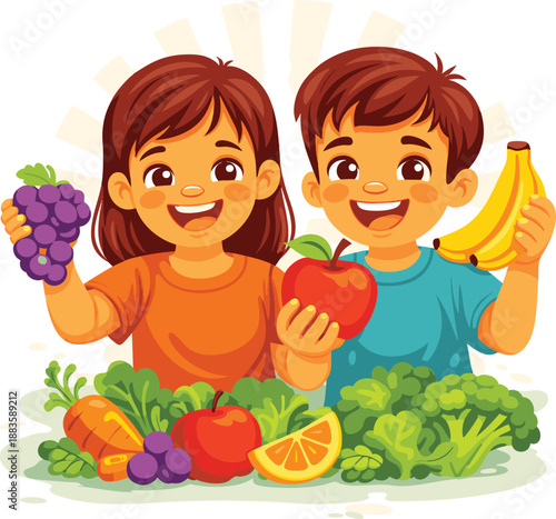Smiling kid show healthy eating with fruits and vegetables in a colorful illustration. Ideal for promoting nutrition, diet, and wellness content.