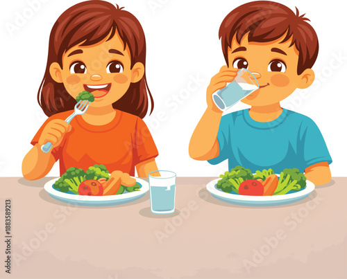 Two kids enjoying healthy meal with vegetables and water. Suitable for promoting healthy eating habits for children in posters.