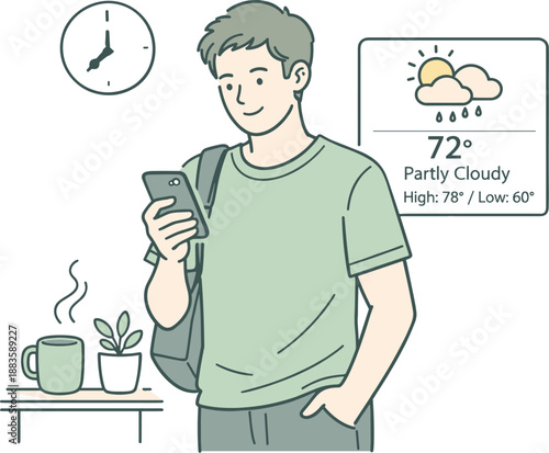Calm Weather Check. Man casually reviewing the weather forecast before heading out, holding a phone and standing comfortably in a