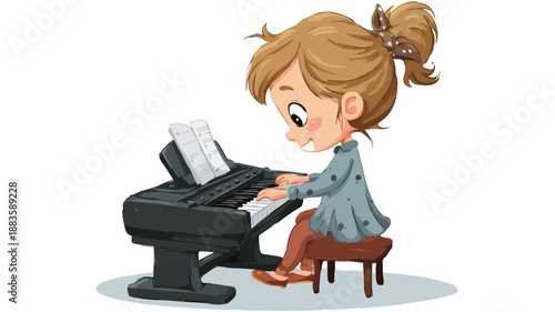 Charming Little Girl Performing on Electric Piano in Cartoon Style Vector Illustration