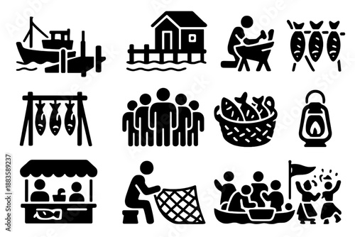 Fishing Community Icons. Solid style icons of fishing community life: harbor dock, fishing hut, boat repair, drying fish rack,