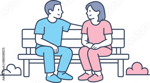 Minimalist Park Conversation. Two friends sit together on a park bench, talking quietly and resting during a calm moment,