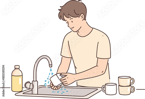 Washing Coffee Cups. Man rinses coffee cups under running water while cleaning them quietly Minimalist flat line vector