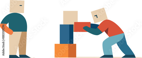 Image Generation. Second abstract geometric human figure appears aligning one block with others while first observes, showing