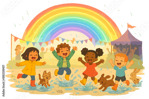 Joyful Rainbow Celebration. Rainbow festival after rain with glowing arcs, joyful puddles, and children splashing alongside