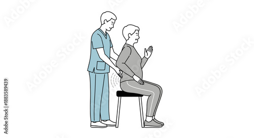 Focused therapist performs seated spinal adjustment on older patient