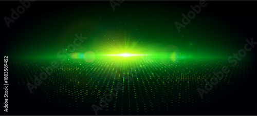 Green futuristic abstract digital background with pixel grid and bright yellow green sunburst flare in the center. Energetic light rays. Sci-fi tech wallpaper. Rise of technology.