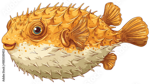 Cute Puffer Fish Cartoon with Outline on White Background Vector Illustration