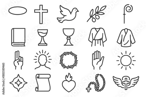 Saints and Symbols Icons. Line style icons of Saints and Symbols: halo, cross, dove, olive branch, book, chalice, staff, robe fold