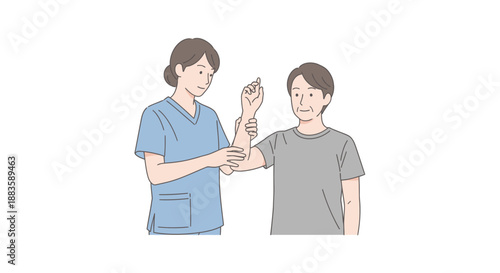 Physiotherapist assisting senior patient with arm movement assessment