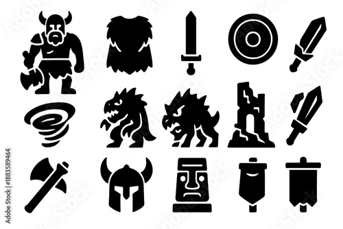 Space Barbarians Icons. Solid style icons of Space Barbarians: Warrior, Fur Cape, Long Sword, Shield, Sandstorm, Alien Beast,
