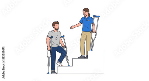 Medical assistance helps injured patient using crutches climb difficult steps