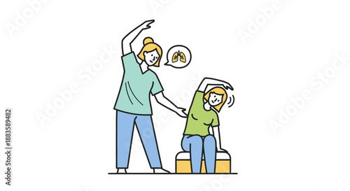 Therapist guides essential side stretching and breathing lung rehabilitation