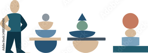 Geometric Figure Clarity. Calm abstract geometric human figure stands beside few fully balanced clusters in wide white space