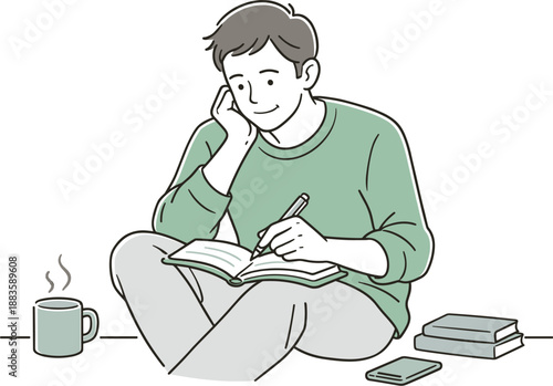Reflective Writing Moment. Man thoughtfully jotting down ideas in a notebook, relaxed seated pose and gentle focus suggesting