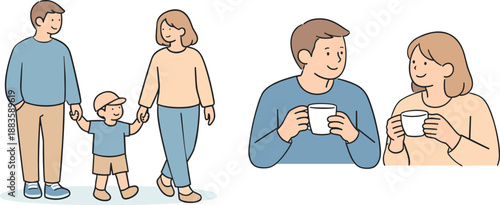 Cozy Family Moments. Parents walking with their child in a calm everyday moment, minimalist flat vector illustration with thin