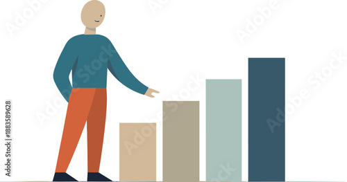 Geometric Human Clarity. Calm abstract geometric human figure stands beside few fully aligned blocks in wide white space reframing