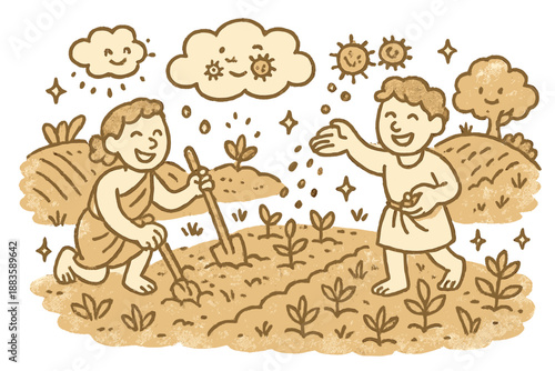 Joyful Ancient Agriculture. Friendly doodle ancient agriculture study with happy characters planting crops, cartoon pollen