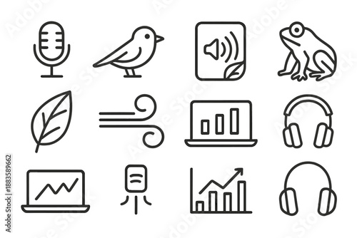 Forest Acoustic Icons. Line style icons of Forest Acoustic Research: Microphone, Animal Call, Soundscape Quality, Data Analytics;