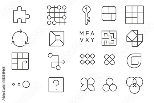 Mind Puzzle Icons. Line style icons of mental challenges: jigsaw piece, logic grid, number key, sliding tiles, rotating circle,