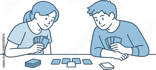 Card Game Companions. Two friends lean toward a table holding cards and focusing on the game Minimalist flat line vector