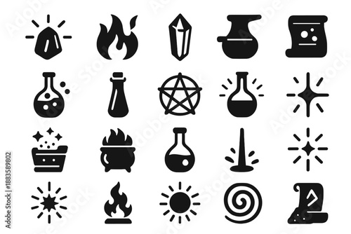 Mystical Alchemical Elements. Solid style icons of Alchemist Philosopher Stone: glowing stone, mystical flame, alembic flask,