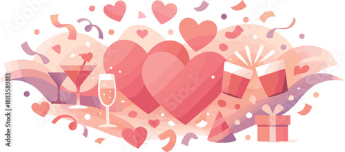 Valentine Rhythm Celebration. Abstract love party scene expressed through rhythmic heart forms, confetti flow, and celebratory