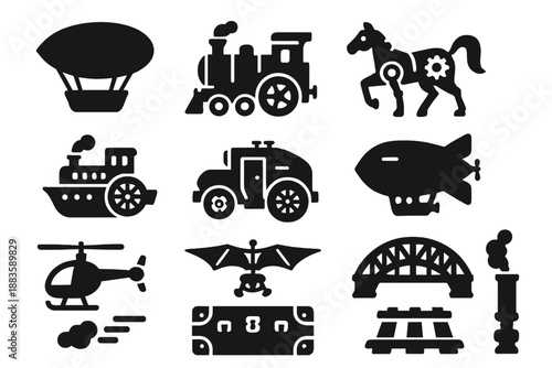 Steampunk Travel Icons. Solid style icons of Steampunk travel: dirigible, steam locomotive, mechanical horse, paddle steamer,