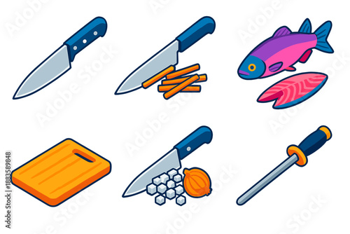 Knife Skills Illustrated. Isometric vector illustration set Knife Skills: chef’s knife, julienne carrot, diced onion, filleted