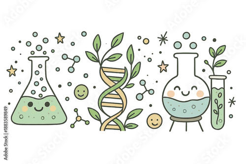 Whimsical Herbal Lab. Whimsical doodle herbal pharmacology scene with smiling flasks, cartoon DNA strands intertwined with plants,